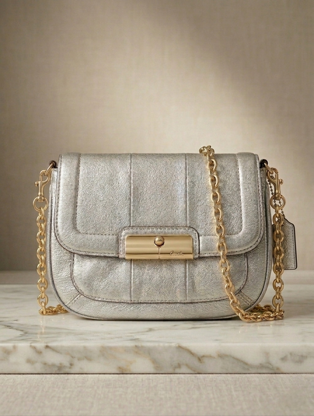 Coach Silver Leather Chain Crossbody with Gold Hardware